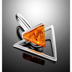 silver pendant amber, sterling silver 925, stamped, rhodium plating, triangle, cognac