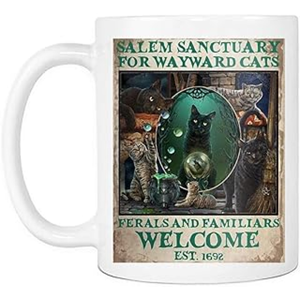Salem Sanctuary For Wayward Cats Mug, Witch Halloween Black Cat Ceramic Coffee Mugs Saying White, 11Oz.jpg