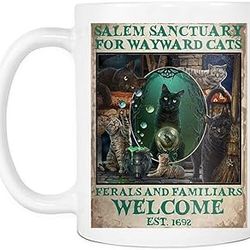 salem sanctuary for wayward cats mug, witch halloween black cat ceramic coffee mugs saying white, 11oz