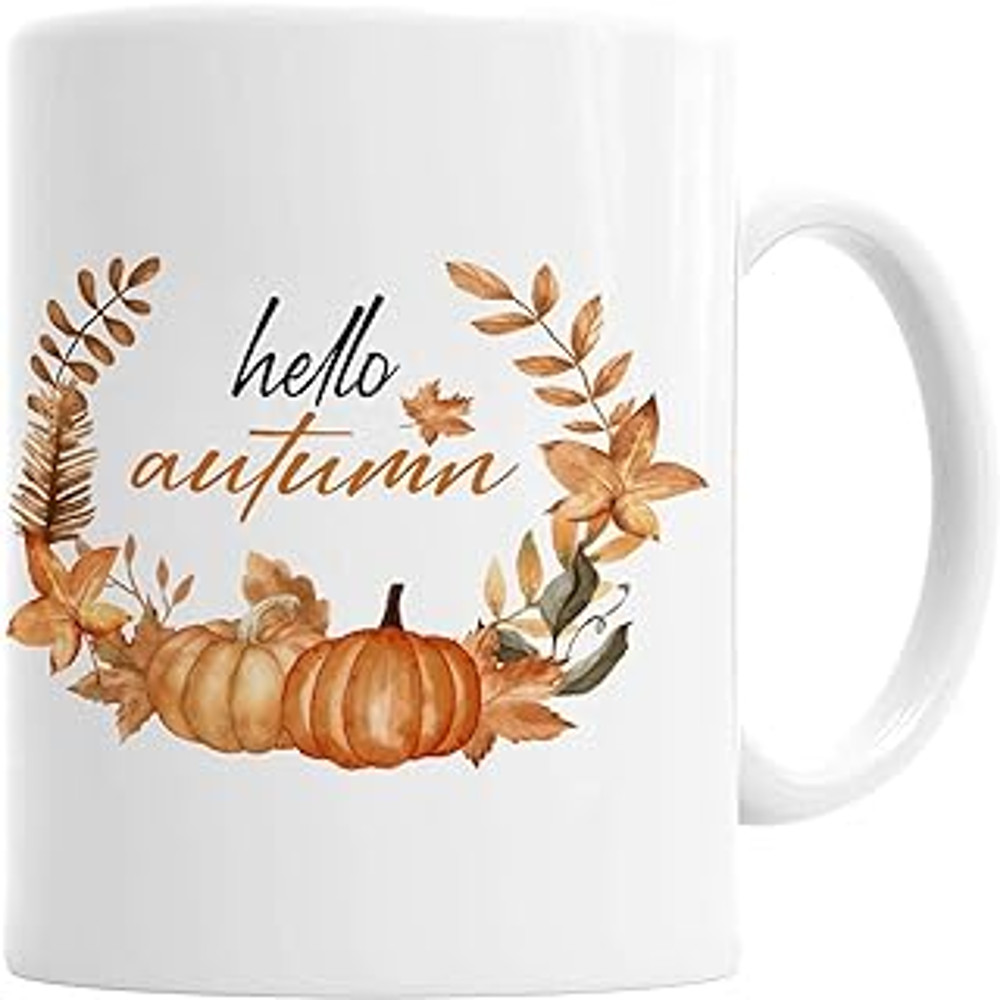 Cute Coffee Mugs Hello Autumn Pumpkin Wreath Ceramic Coffee Mug Autumn Theme White Funny Novelty Mugs Halloween.jpg