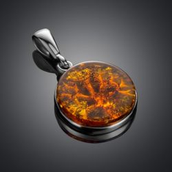 tree of life silver pendant amber, sterling silver 925, stamped, rhodium plating, cognac, round