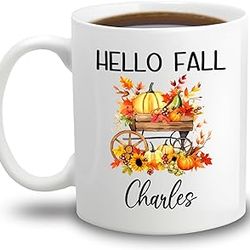 hello fall season coffee mug 11 oz 15 oz, personalized flowers fall white coffee cup custom name, hello autumn ceramic t