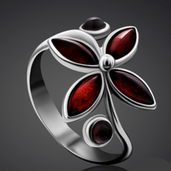 silver ring with amber, 8, sterling silver 925, stamped, rhodium plating, cherry amber