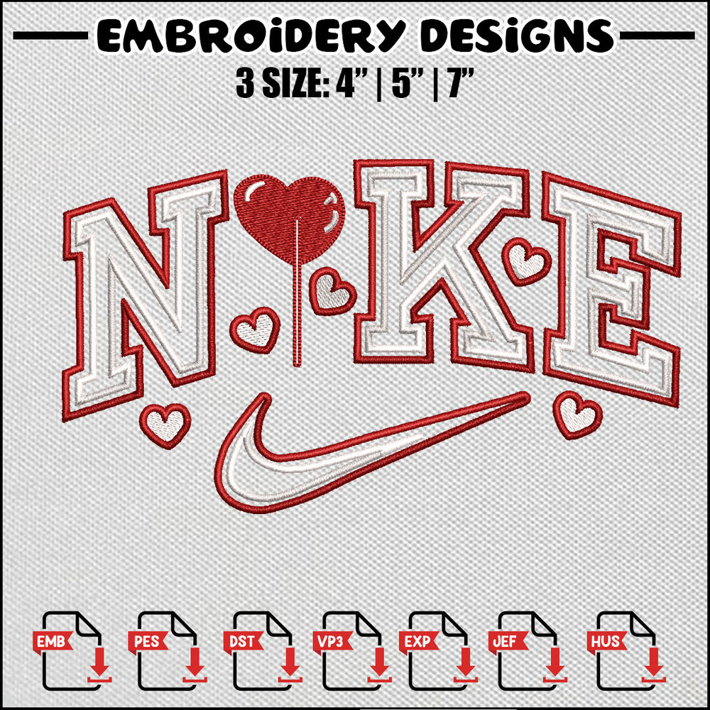 Nike red heart embroidery design