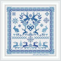 Sampler Christmas tree Deer Snowflakes Cross Stitch Pattern holiday Winter New year panel monochrome counted crossstitch