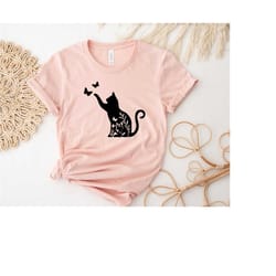 floral cat shirt, floral cat tee, cat lover shirt, animal lover tee, cat and butterfly tee, floral animal shirt, gift fo