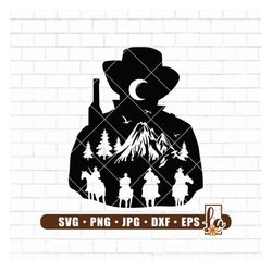 cowboy scene svg | cowboy silhouette | cowboys in the desert | mountain scene svg | cricut silhouette | sublimation desi