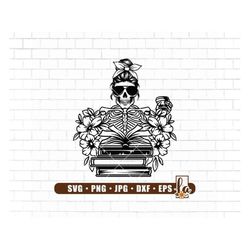 skeleton reading book svg | floral book art svg | book lover svg | reader bookish svg | book with flowers svg | cricut &