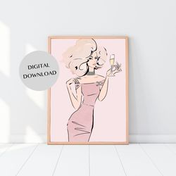 girl with champagne fashion illustration wall decor - ink digital print