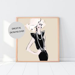 girl with pearls fashion illustration wall decor - ink digital print