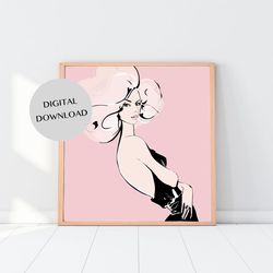 girl in black on pink fashion illustration wall decor - ink digital print