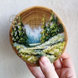 serene landscape, rustic wood slice painting