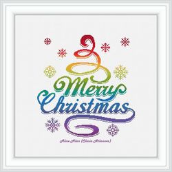Inscription Christmas tree Snowflakes cross stitch pattern rainbow holiday winter colorful counted crossstitch patterns