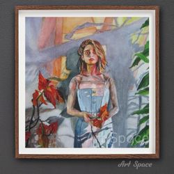 watercolor small painting, original,portrait and shadows, unusual interior decor, decoration for office, playroom, home