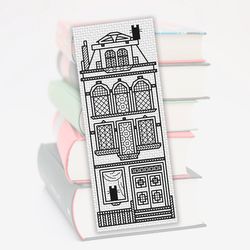 Bookmark embroidery pattern Cat House, Modern Blackwork pattern, Cute bookmark, Monochrome, Gift for cat owner