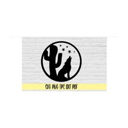 desert scene with stars cactus and coyote in round frame svg png eps dxf pdf/fort irwin california svg/desert svg/wildli