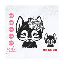 Cute Wolf Svg | Wolf Svg | Wolf With Flowers Svg | Floral Wolf Head Svg | Wolf Clipart | Cute Baby Wolf Face Svg | Wolf