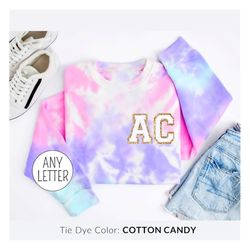 chenille patch personalized sweatshirt with initials, custom crewneck sweatshirt, monogrammed shirt tie dye embroidered
