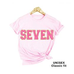 7th birthday shirt, birthday girl seven sweatshirt chenille letter patches