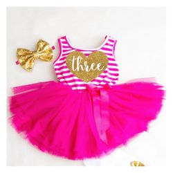 3rd birthday dress third birthday dress pink and gold 3rd birthday outfit girl third birthday outfit hot pink tutu dress