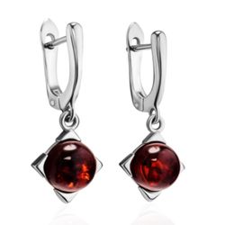 silver earrings baltic natural amber, sterling silver 925, stamped, rhodium plating, cognac