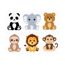 Baby Animals Svg Bundle Cute Baby Lion Bear Panda Elephant Sloth Monkey Svg Files for Cricut Jungle Animal Svg Safari An