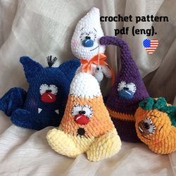 Crochet Halloween Decoration, crochet pattern witch hat, pumpkin, ghost, candy corn