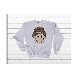 leopard mama beanie smileyy face sweatshirt - cow print mama - camo mama - sweatshirt - mama sweatshirt - mama smileyy b