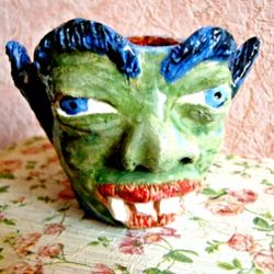 Ceramic Mug Art Face Elf Devil Handmade Stoneware Clay Pottery Glazed Vase