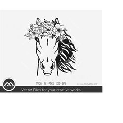 horse svg face with flower - horse svg, horse head svg, horse lover svg, animals svg, cricut, png for lovers