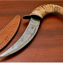 Wolf Forge Custom Hand Forged Damascus Hunting Knife with Vintage Ram Horn