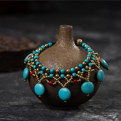 Bohemian ethnic style simple fashion turquoise garden cake female anklet hand-woven retro beach vacation sexy female ank