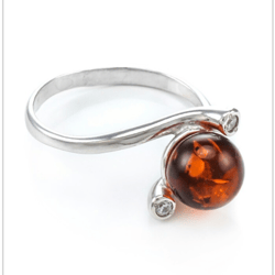 silver ring amber, sterling silver 925, stamped, rhodium plating, cognac
