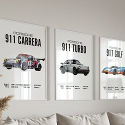 Porsche Set of 3 Prints Wall Art for Kids Boys Room Decor Children Home Office