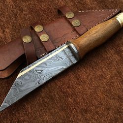 Custom Handmade Damascus Steel Crow Headed Seax Knife,Brass Inaly, New Edition