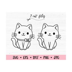 Cute Cat SVG Baby cat cut file Kawaii cat with bow Kitty digital stamp Funny animal Pet decal Outline Cat lover Cricut S