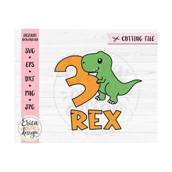 Three Tex SVG 3rd Birthday T-rex cut file Third Birthday Three years old Baby Girl Boy shirt Kids party decor Silhouette