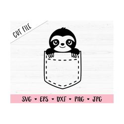 Cute sloth SVG Baby Sloth in a pocket cut file Kawaii Happy sloth face Funny Lazy Animal Slow down Kids Adult Shirt Silh