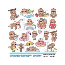 Cute sloths clipart Kawaii summer sloth Beach Pool party digital clipart Funny sloth images Printable Planner supplies V