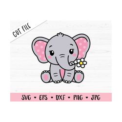 Baby Elephant SVG Cute Elephant Girl Daisy cut file Sweet Elephant Shirt Baby Bodysuit Kawaii Animals Flowers Silhouette