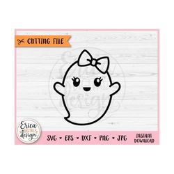 Ghost Girl outline SVG cut file for Cricut Silhouette Cute Ghost with Bow Boo Kawaii Ghost Baby Halloween Clipart Kids G