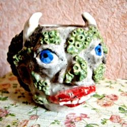 Ceramic Devil Mug Art Face Handmade Stoneware Clay Pottery Glazed Vase