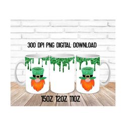 Glitter drip Gnome Sublimation Mug Design, Clover 15oz, 12oz, or 12oz Wrap Template, PNG Digital Download, St. Patrick's