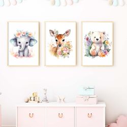 watercolor baby animals nursery printable wall art set of 3 cute polar bear, cute elephant, cute deer