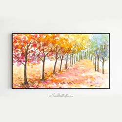 Samsung Frame TV Art Trees in Fall Autumn Landscape Watercolor, Orange Tree Forest Downloadable Digital Download