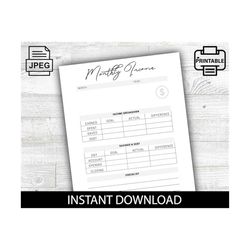 monthly income tracker, business stats, printable, growth planner, digital download, organization, office notes, monthly