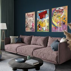 adventure time set of 3 posters, adventure time, film cover graphic jake, finn, cartoon network, tv show, tv wall art, v