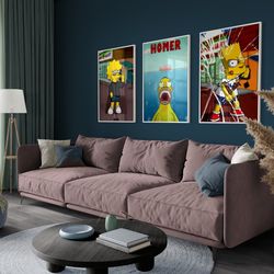 the simpsons set of 3 posters, movie cover, simpsons, film cover graphic bart, homer, lisa, tv show, tv wall art, vintag