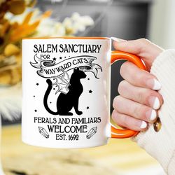 salem sanctuary for wayward cats mug, black cats mug, mystical cat, halloween coffee mug, halloween gifts, witch mug, sp