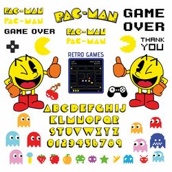 gamer svg bundle pacman digital pac man vector font alphabet png old video game gift pdf eps design clipart circut files